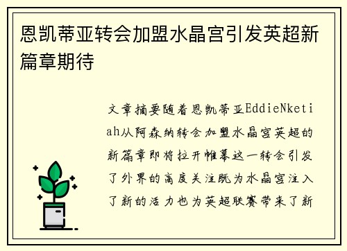 恩凯蒂亚转会加盟水晶宫引发英超新篇章期待